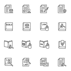 Law and justice line icons set, legal documents outline vector symbol collection, linear style pictogram pack. Signs, logo illustration. Set includes icons as law book, bible, judge gavel, stamp