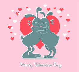 Vector illustration with an inscription. Valentine design. Funny silhouettes of two enamored rabbits surrounded by hearts.