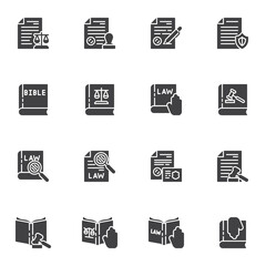 Law and justice vector icons set, legal documents modern solid symbol collection, filled style pictogram pack. Signs, logo illustration. Set includes icons as law book, bible, judge gavel, stamp