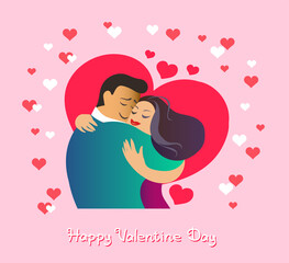 Vector illustration with an inscription. Happy Valentine Day. A loving couple surrounded by hearts.