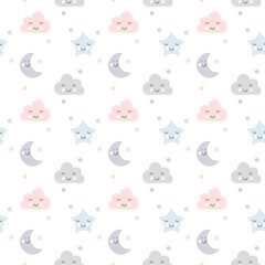 Cute vector clouds, moon, and stars seamless pattern sleep in scandinavian style isolated on white background for kids. Hand drawn cartoon illustration for nordic poster, card, fabric, children book