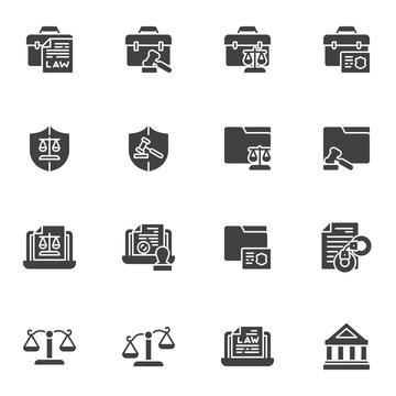 Justice and law vector icons set, modern solid symbol collection, filled style pictogram pack. Signs, logo illustration. Set includes icons as legal documents, scales, judge gavel, courthouse, arrest