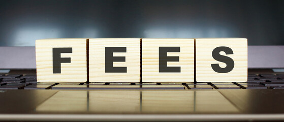 Word FEES. Wooden cubes with letters isolated on a laptop keyboard. Business Concept.