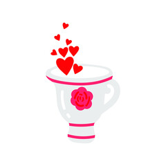
tea cup with red hearts on the white background