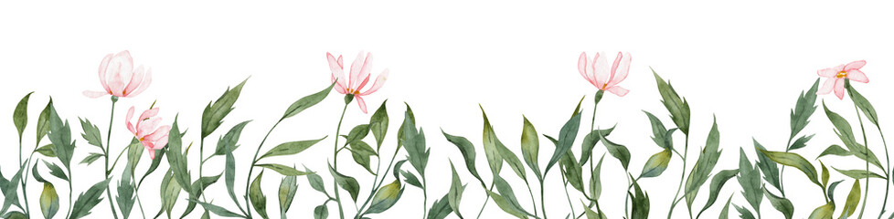 Long seamless banner with hand painted watercolor flowers