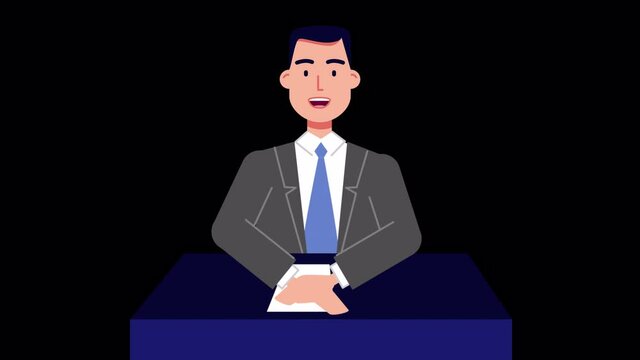 lip syncing Facial Animation for narration. male anchor character speaking at tv news. looped animated footage in flat style. talking mouth and lips expressions, articulation with ALPHA Channel