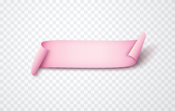 Pink ribbon, scroll or paper curved banner isolated on transparent background. Vector realistic 3D rolled border, empty sticker, label mock up with shadow