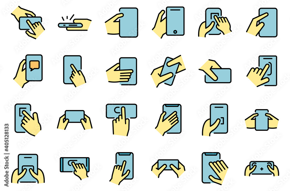 Poster using smartphone icons set. outline set of using smartphone vector icons thin line color flat on whi