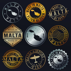 Malta Map Metal Stamps. Gold Made In Product Seal. National Logo Icon. Symbol Design Insignia Country.