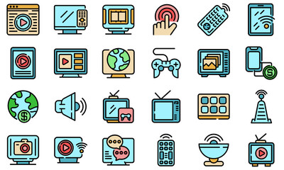 Interactive tv icons set. Outline set of interactive tv vector icons thin line color flat on white