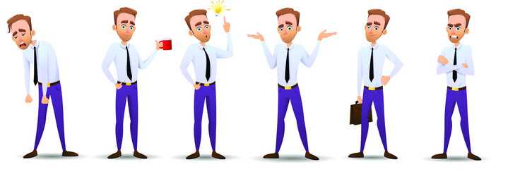 Large collection of cartoon office workers in various poses isolated on white background. An employee in a professional position, walking, working, running, jumping, angry. Vector illustration