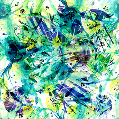 Creative seamless watercolor pattern of plants, Herbs, flowers, poppy, rose, peony. black,blue, white flowers watercolor, stylish pattern. Abstract paint splash. Watercolor background