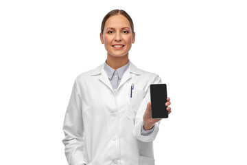 medicine, profession and healthcare concept - happy smiling female doctor or scientist showing...