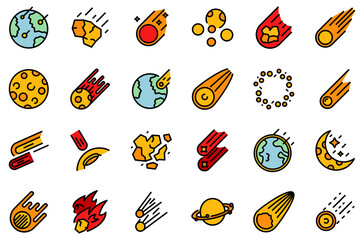 Asteroid icons set. Outline set of asteroid vector icons thin line color flat on white