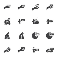 Tax payment vector icons set, modern solid symbol collection, filled style pictogram pack. Signs, logo illustration. Set includes icons as tax management, financial diagram, money savings, credit card