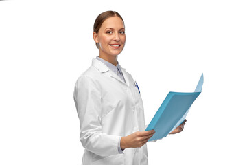 medicine, science and healthcare concept - happy smiling female doctor or scientist in white coat with folder