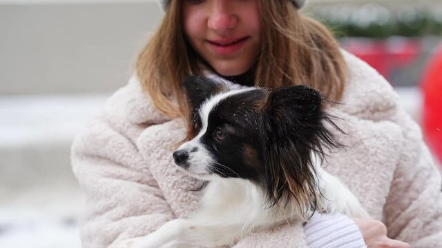 Beautiful girl with dog Papillon in her arms on winter Christmas streets
