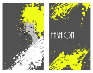 Sketch of a fashionable girl . model with watercolor splashes in trendy yellow and gray colors . Print for clothing, textiles and packaging, interior design. Vector illustration. EPS10
