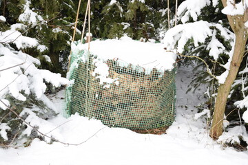 Compost bin with leaves under snow in winter garden