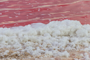 Fototapeta na wymiar Surface of the pink salty Syvash lake in Kherson region, Ukraine. Natural background, texture