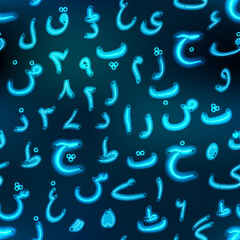 Lot of Urdu alphabet letters blue neon signs, abstract seamless pattern