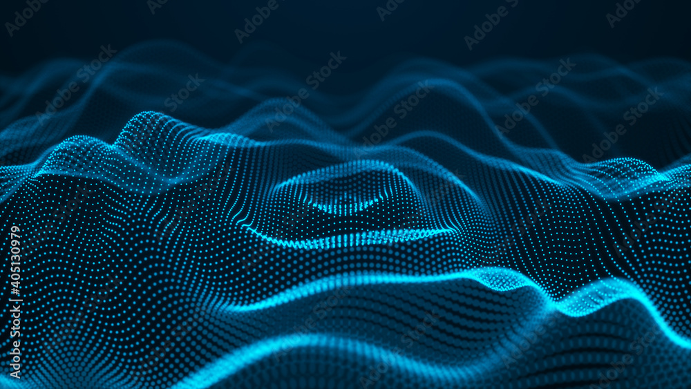 Fototapete Abstract blue background of points. Wave of particles. Falling cyber particles. Big data stream. 3d rendering