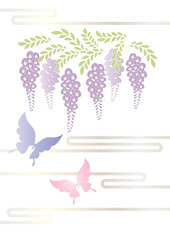 胡蝶 アゲハチョウと藤の花の切り絵風デザイン 背景素材 イラスト ベクター