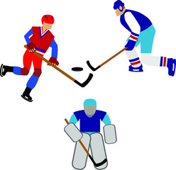 Obraz premium Kids playing hockey flat vector illustration. Father and sons enjoying winter sports cartoon characters.