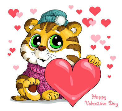 Vector illustration with the inscription Happy Valentine Day. A cute tiger cub gives a heart. Happy holiday concept. Valentine card.