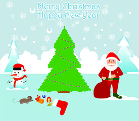 Merry Christmas! Happy Christmas companions. Santa Claus, Snowman, Reindeer Christmas snow. Vector illustration.