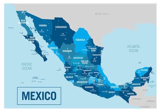 Mexico country political map. Detailed vector illustration with isolated states, regions, islands and cities easy to ungroup. 