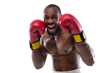 Laughting. Funny, bright emotions of professional african-american boxer isolated on white studio background. Excitement in game, human emotions, facial expression and passion with sport concept.