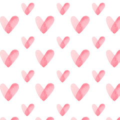 Pink watercolor heart pattern. Colorful watercolor romantic texture. Watercolour hearts seamless background. Pastel Valentines day 
