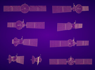 set of vector 3d communication and communication satellites on color background
