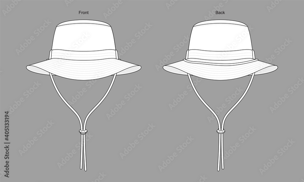 Wall mural White bucket hat with cord and stopper toggle template on gray background. Front and back views, vector file. - Wall murals