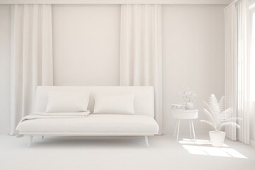 White minimalist living room with sofa. Scandinavian interior design. 3D illustration