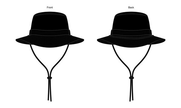 Black Bucket Hat With Rope and Stopper Template On White Background  Vector.Front and Back View. Stock Vector