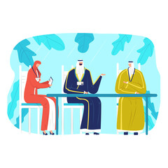 Arabic muslim businessman, businesswoman sitting office workplace, business work flat vector illustration, isolated on white. People together brainstorming company activity, united arab emirates firm.