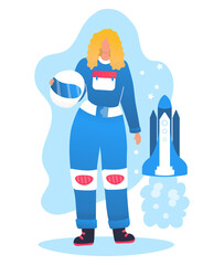 Blonde woman character cosmonaut in space suit hold protective helmet, rocket spacecraft flat vector illustration, isolated on white. Female professional astronaut ready to launch starship.