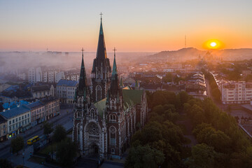 Obraz premium Aerial veiw on Elizabeth church in Lviv, Ukraine from drone
