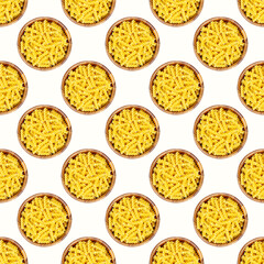 Yellow uncooked fusilli pasta in wooden bowl seamless pattern on light background.