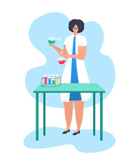 Woman character research fellow hold laboratory flask, chemical liquid research activity flat vector illustration, isolated on white. Female professional scientific worker, academic doctor.