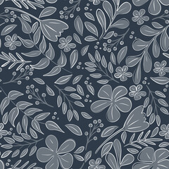 Seamless pattern floral with flowers,  leaves isolated on black background. Design for poster, banner, flyer, web, card, party, invitation, wallpaper, paper, wedding, mother or Valentine's day.