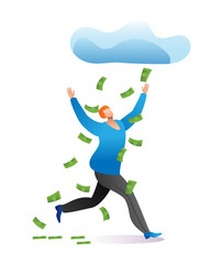 Lucky man character running under cloud money rain, fortunate male winner lottery cartoon vector illustration, isolated on white. Wherewithal wasteful lifestyle, victory raffle cash dollar.