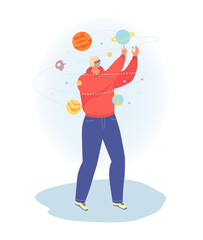 Modern technology virtual reality information processing, man character astronomer vr work cartoon vector illustration, isolated on white. Graph data registration, professional male astrologer.