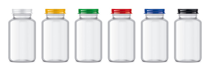 Set of transparent Bottles with colored metal caps.