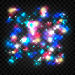 Obraz premium Glowing light particles. Double exposure space. Glowing light. Shiny particles. Magic sparks. Glow effect for festive banners and posters. Vector