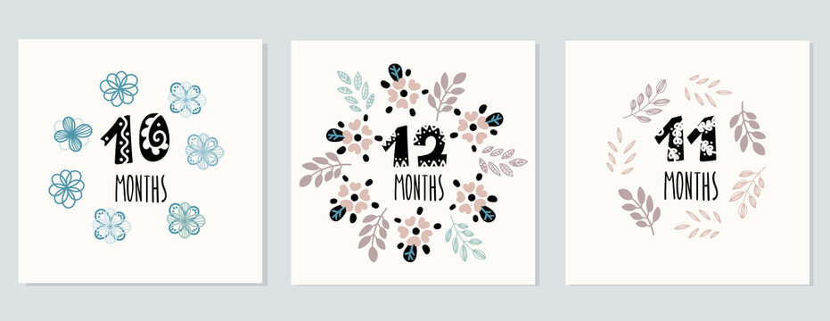 Set of postcards with numbers in flower wreaths