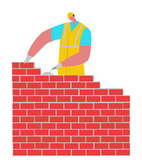 Builder male character in protect helmet building brick wall, construct masonry flat vector illustration, isolated on white. Professional construction activity, edifice arrangement side.