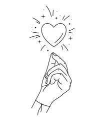 Vector illustration of hand and love magic. Line art style. Mystical hand with heart and stardust. Love boho symbol. Make dreams come true. Charity concept. Feminine gesture. Woman arm with bracelet
